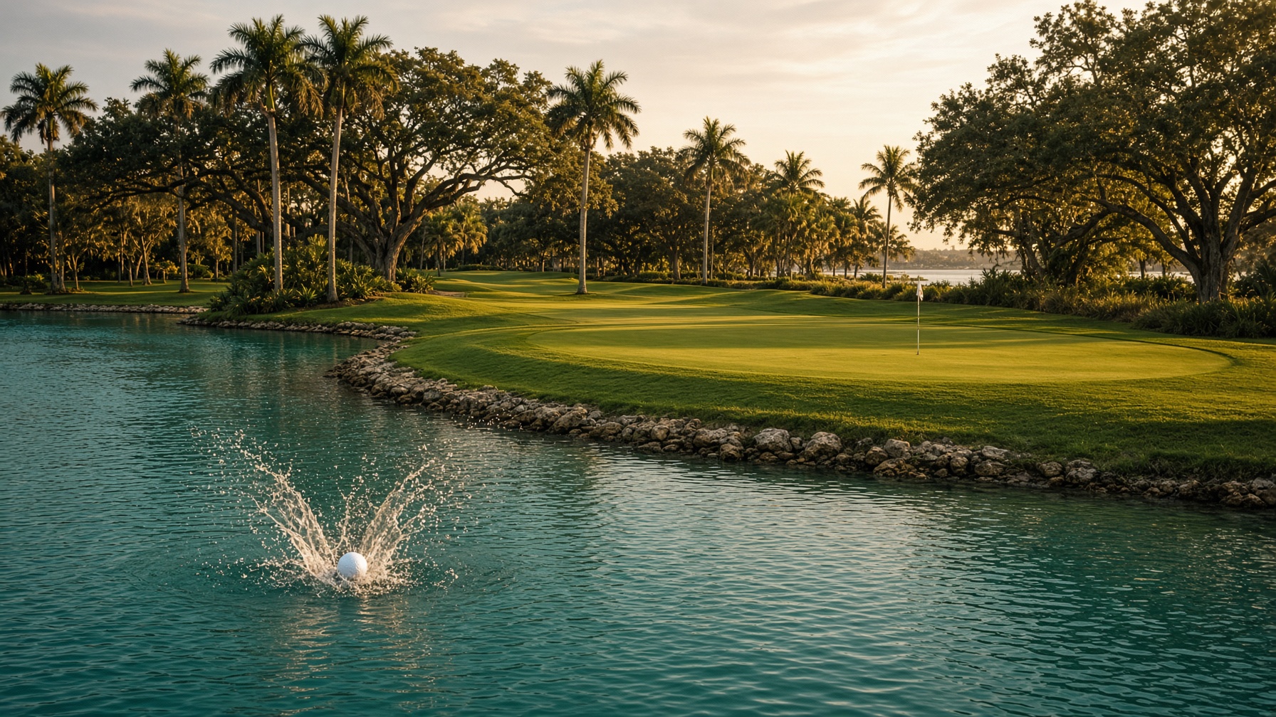 A golf ball skipping a South Florida water hazard at golden hour