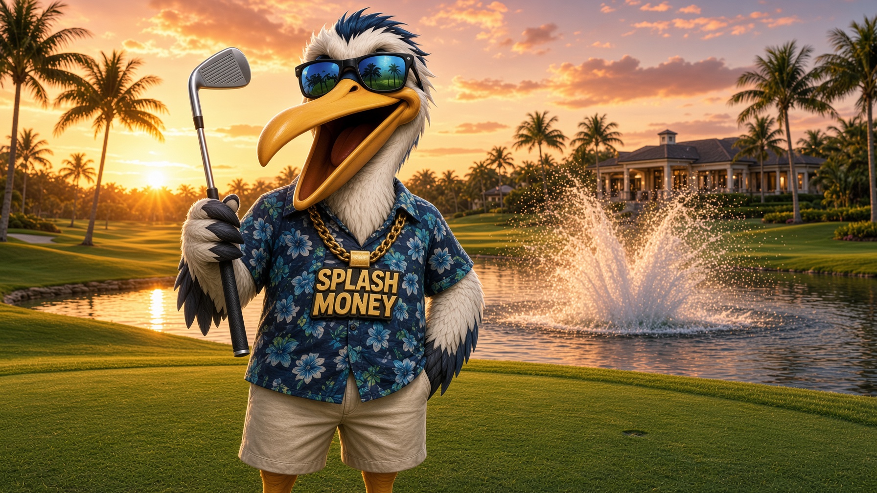 Cash, the Splash Money Golf pelican, on the tee with a water-hazard splash behind him